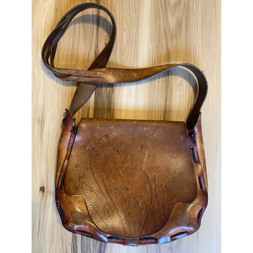 Vintage Handmade Tooled Leather Crossbody Saddle Bag Brown Floral Whipstitch